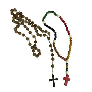 VTG Pair Wooden Rosaries Bronze Colorful